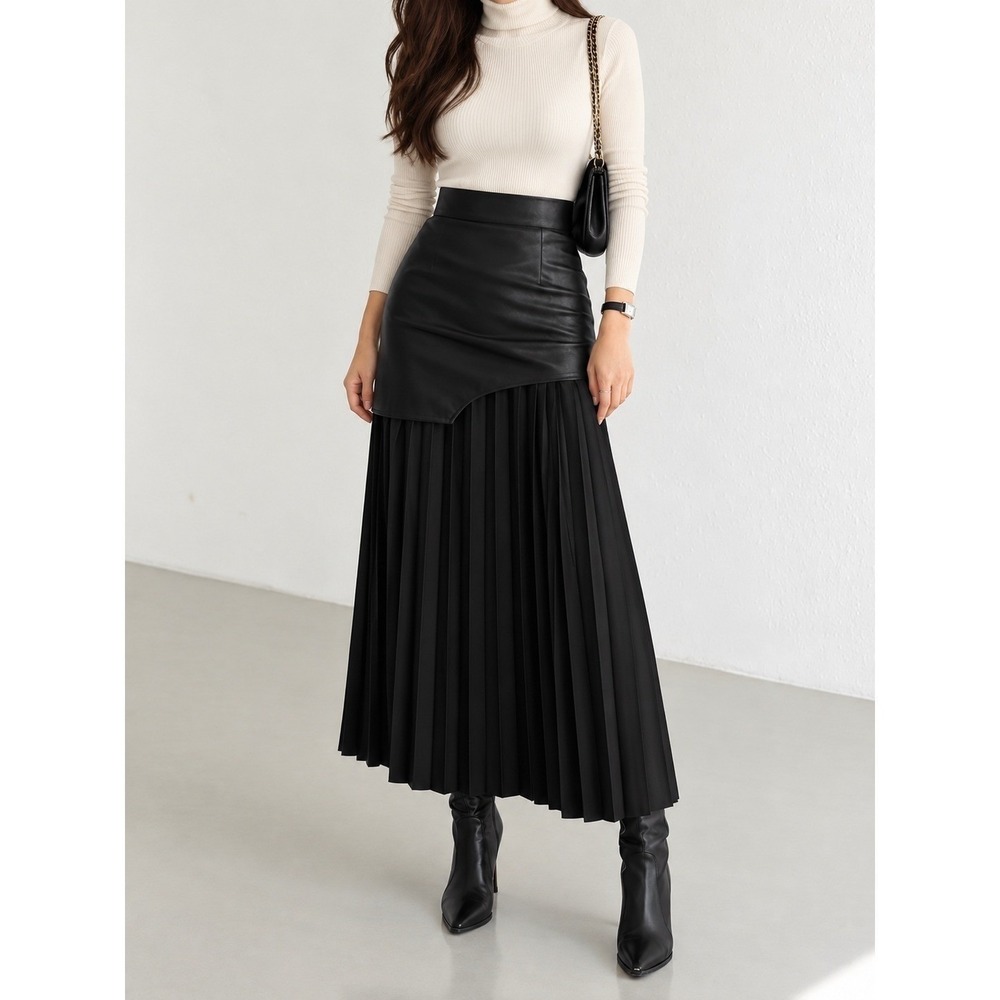 COMMENSE Black Faux Leather Chiffon Pleated Asymmetric Maxi Skirt US 8-10 L NWT - Picture 10 of 12